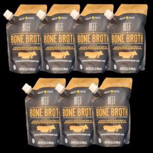 Eight beef bone broth pouches with spouts